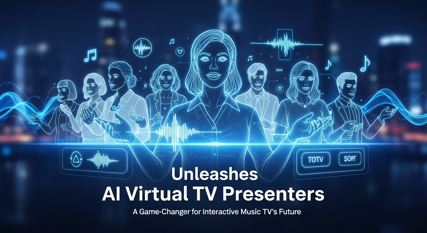 近未来的なテレビ画面に映し出されたAI生成バーチャルTVプレゼンターが、音楽ビデオを紹介している様子。背景にはデジタル化された音符と光の粒子が舞っている。