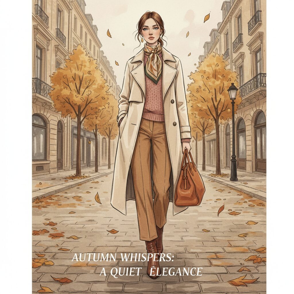 紅葉が舞い散る、趣のある静かな秋の街並みを歩く女性モデルの全身ショット。エレガントで柔らかな色合いの秋のファッションを身につけ、思索的な雰囲気を醸し出している。