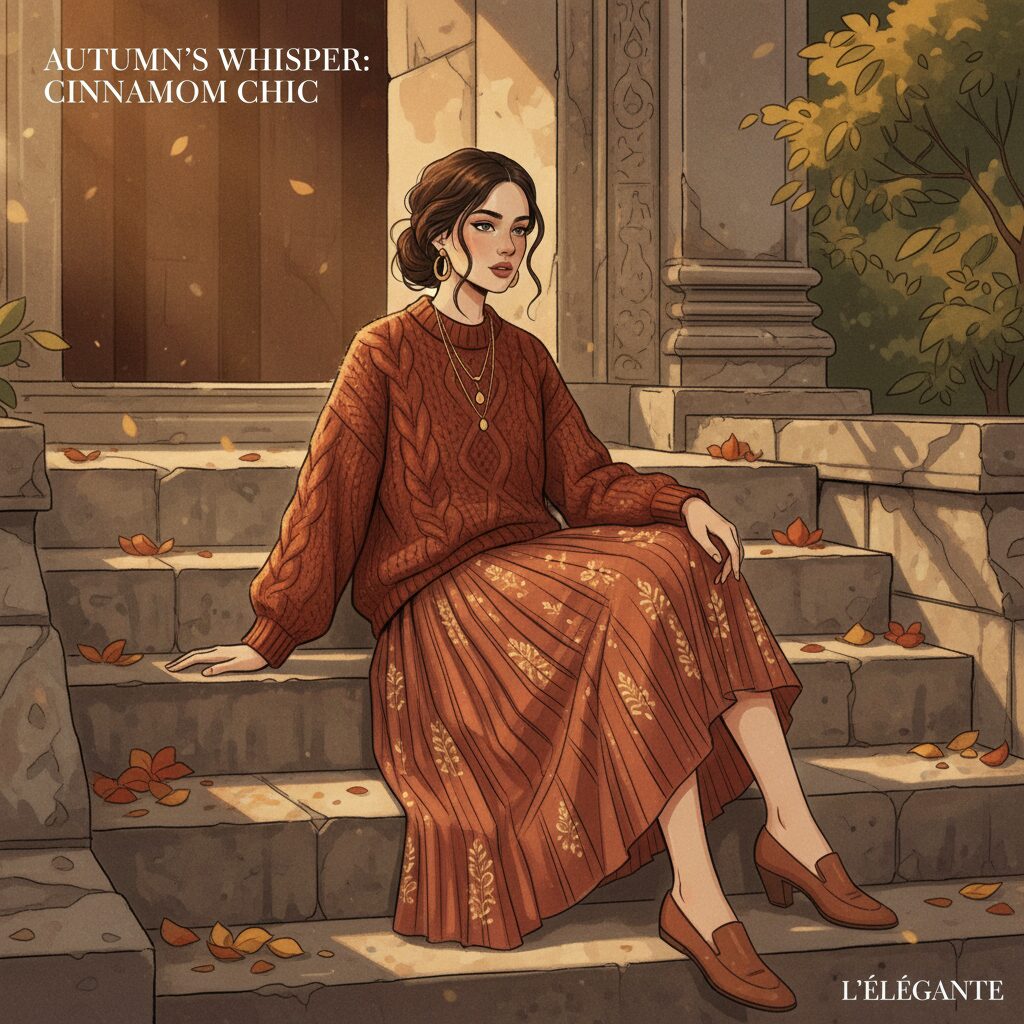 柔らかな秋の陽光が降り注ぐ、古びた寺の石段に優雅に座る女性モデル。贅沢なシナモン色のオーバーサイズニットと流れるようなミディスカートをまとい、穏やかな雰囲気を醸し出している。