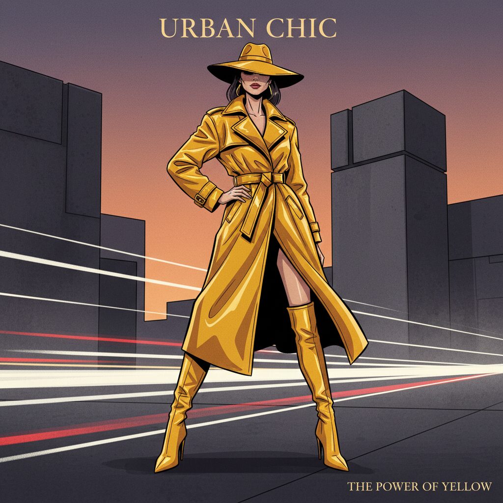 夕暮れの無機質なコンクリートの都会で、鮮やかなマスタードイエローのトレンチコートを着て堂々と立つ女性モデル。車のヘッドライトが光の筋を作り出している。力強く、ダイナミックな印象。