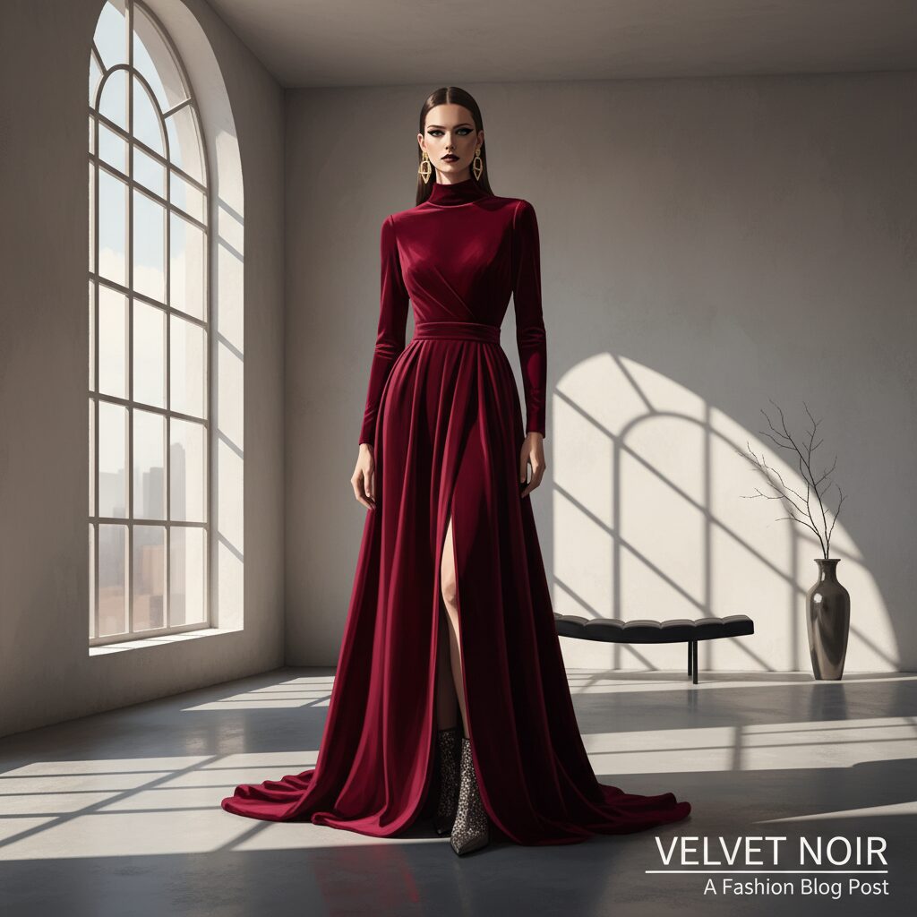 洗練されたミニマルな空間で、大きな窓から差し込む光と影のドラマチックなコントラストに照らされる、深みのあるワインレッドのベルベットドレスをまとった女性モデル。エレガントでミステリアスな雰囲気。