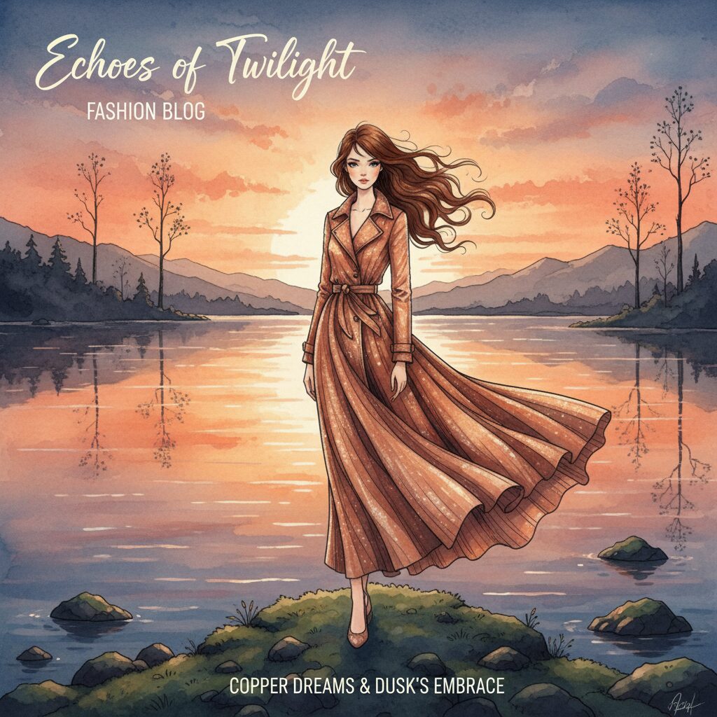 夕焼けのオレンジ色が水面に映り込む穏やかな水辺で、夕暮れの風に裾を優しく揺らす、輝くカッパー色のトレンチコートをまとった女性モデル。詩的で幻想的な情景。