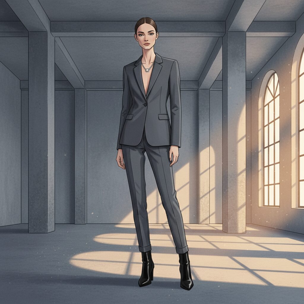 コンクリートのクールな色合いと朝日の温かい光が交差する建築的な空間に立つ、洗練されたミニマルなグラファイトグレーのテーラードスーツをまとった女性モデル。モダンで洗練された印象。