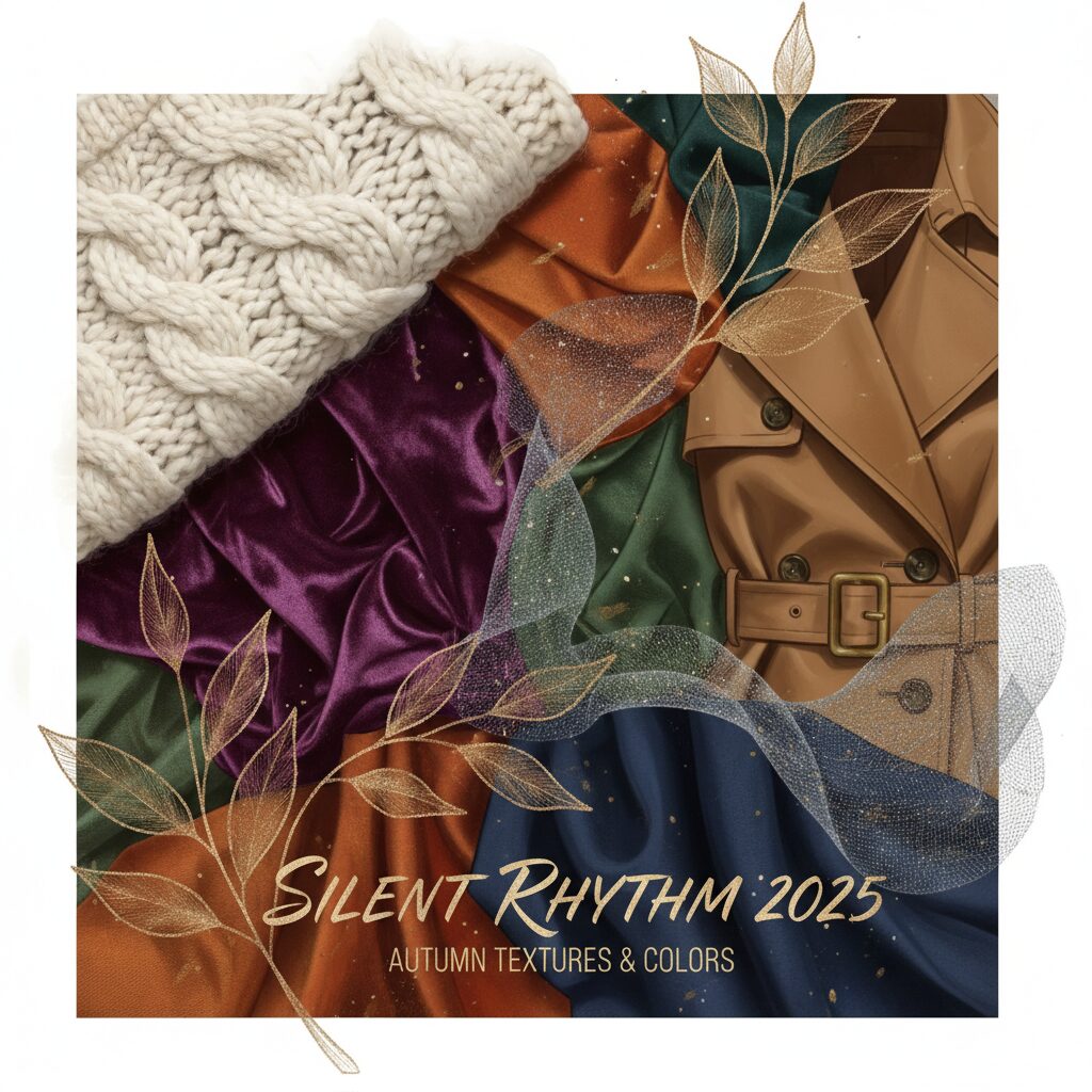 「SILENT RHYTHM 2025」コレクションから、ニット、ベルベット、トレンチコートの生地、繊細なメタリックなアクセントなど、多様な秋のファッションの素材と色が芸術的に配置されたコラージュ。