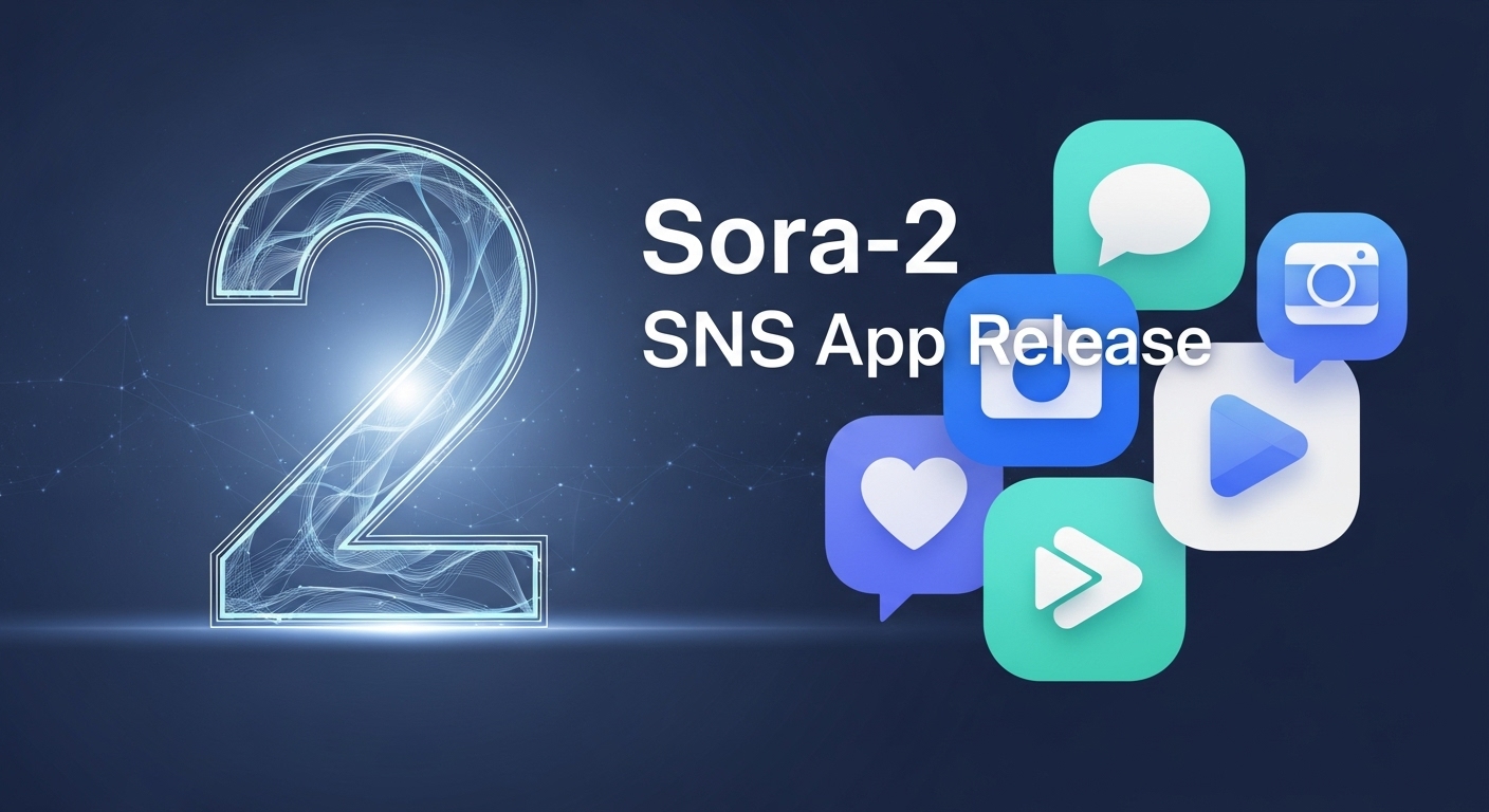 OpenAIの次世代動画生成AI「Sora 2」と革新的SNSアプリ「Sora」の発表を伝えるイメージ。AIが生成したリアルな動画と、SNSのインターフェースが融合した未来的なビジュアル。