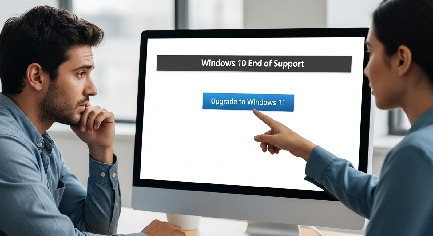 「Windows 10 サポート終了」の通知が表示されたPC画面を心配そうに見つめる人と、自信に満ちた表情で「Windows 11へアップグレード」ボタンを指す別の人が描かれている。緊急性と明確な進むべき道が示されている。