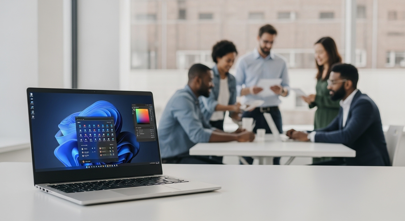 Windows 11を搭載したモダンで高性能なノートパソコンがクリエイティブなアプリケーションを表示しており、背景では多様な専門家グループがシームレスに協力し合っている。全体的に革新的で生産的な雰囲気が漂っている。