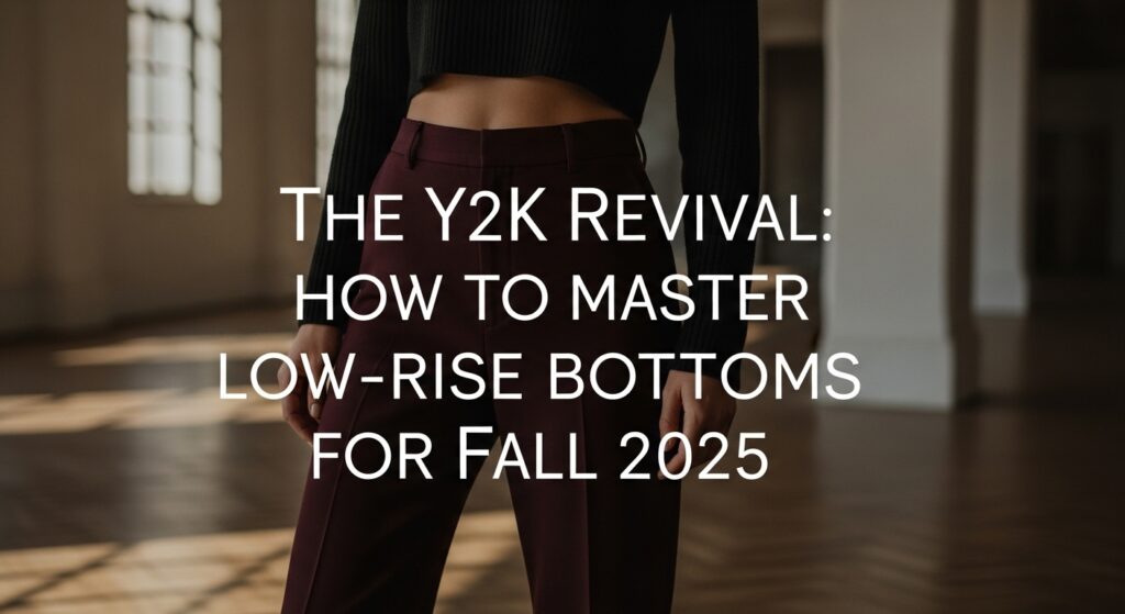 2025年秋のトレンドであるローライズジーンズとクロップド丈のニットを着こなし、街を歩くおしゃれな女性。