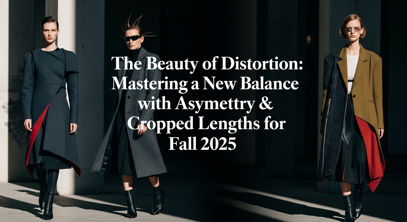 2025年秋のトレンド、アシンメトリーなデザインのクロップドジャケットとハイウエストのワイドパンツを合わせて、紅葉の美しい街並みを歩くスタイリッシュな女性。