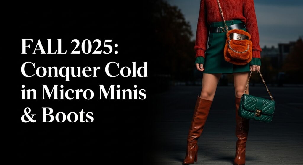 2025年秋のトレンド、ブラウンのツイードミニスカートと黒のニーハイブーツをスタイリッシュに着こなす女性。