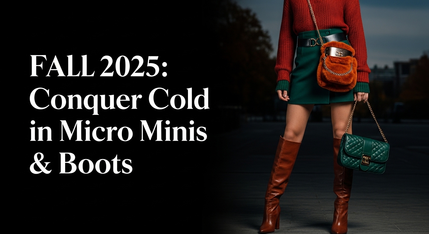 2025年秋のトレンド、ブラウンのツイードミニスカートと黒のニーハイブーツをスタイリッシュに着こなす女性。