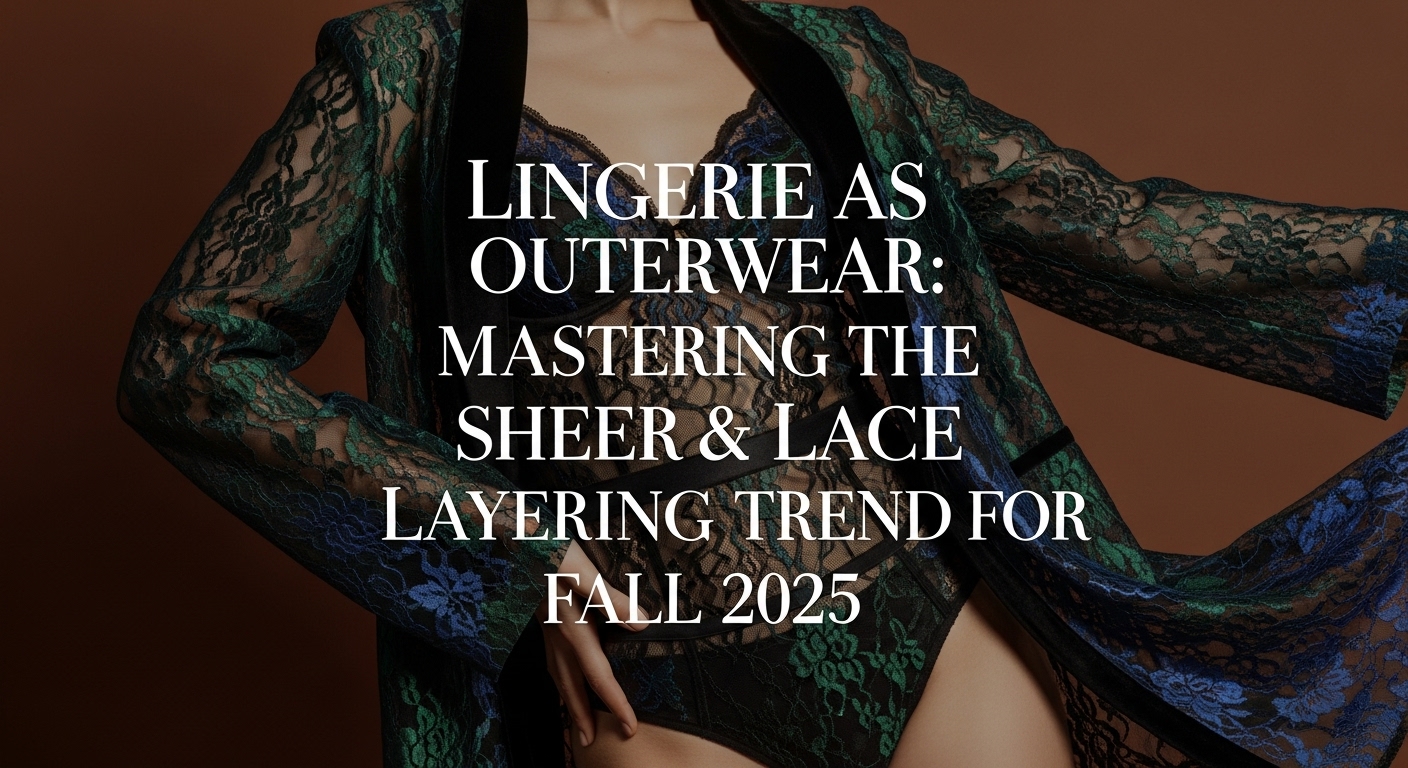 2025年秋のトレンドである、黒いシアーシャツから繊細なレースのランジェリーを覗かせた、おしゃれな女性のファッションコーディネート。