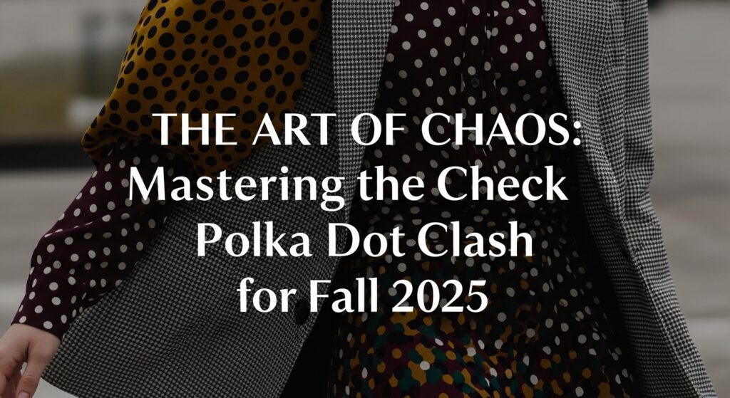 チェック柄のジャケットとドット柄のスカートを巧みに組み合わせ、2025年秋のトレンドである「柄on柄」スタイルを着こなす女性。