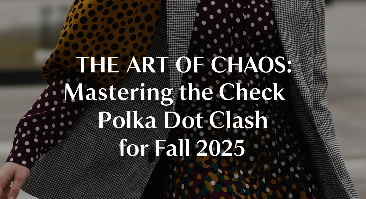 チェック柄のジャケットとドット柄のスカートを巧みに組み合わせ、2025年秋のトレンドである「柄on柄」スタイルを着こなす女性。