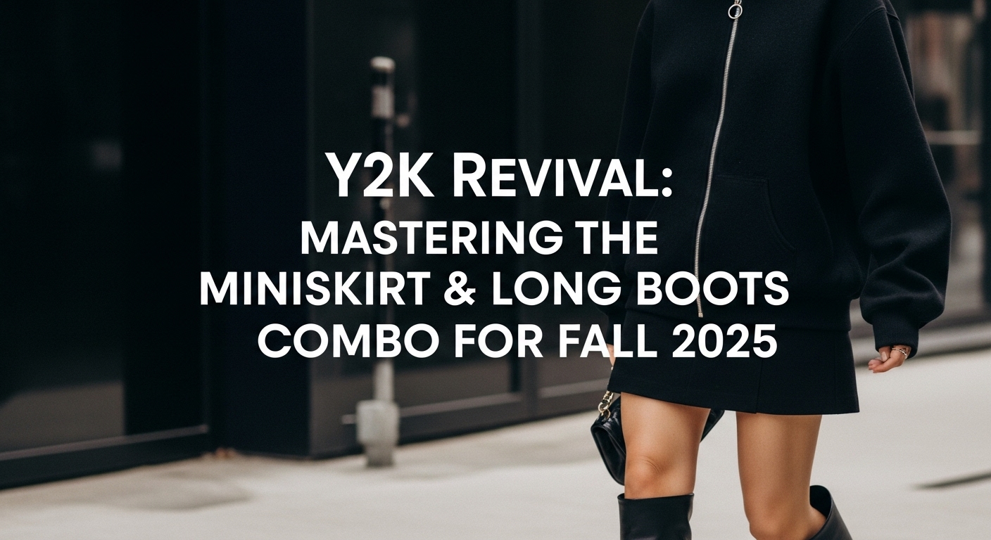 2025年秋のトレンドであるY2Kファッション、ブラウンのツイードミニスカートと黒のロングブーツをスタイリッシュに着こなす女性。