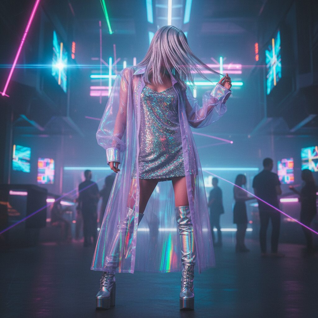 ネオンの光が反射するクラブで、ホログラフィックなスパンコールのキャミソールの上にラベンダー色のシアーシャツを重ね着した日本人女性。