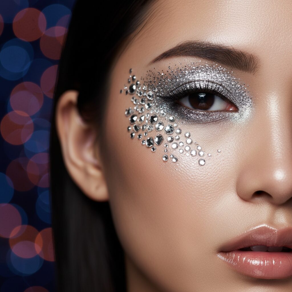 シルバーのグリッターアイシャドウとラインストーンで装飾された目元のクローズアップ。背景にはぼやけたカラフルなクラブの照明。