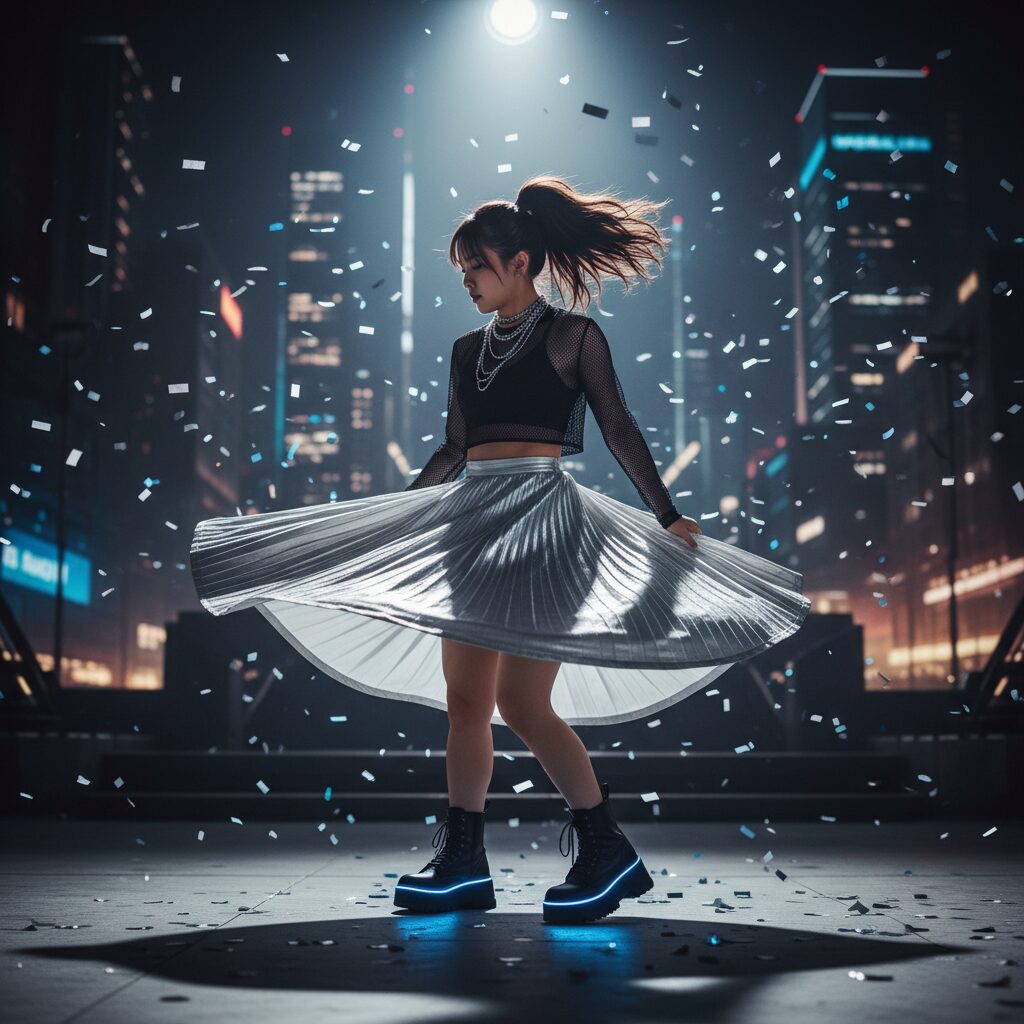 メタリックなプリーツスカートを翻して踊る全身ショット。足元はLED付きの厚底ブーツ、トップスはメッシュ素材。