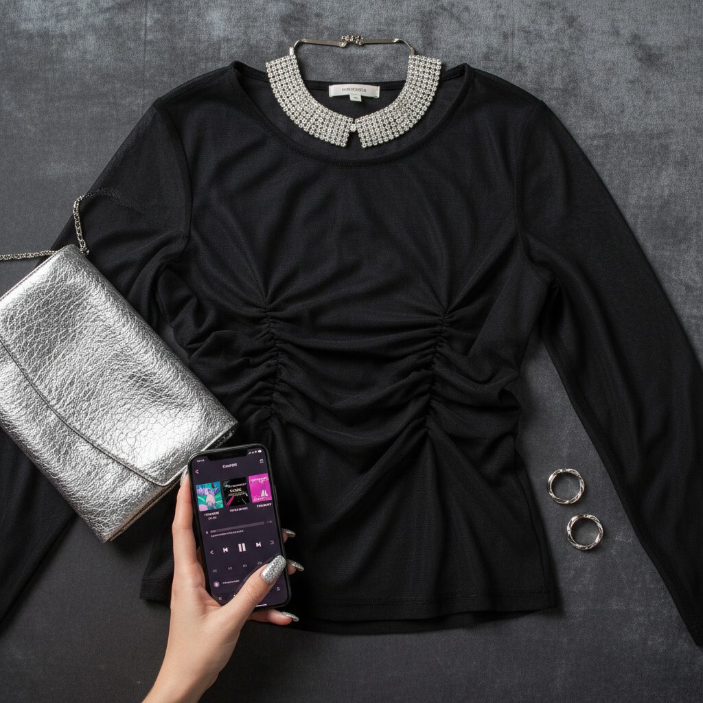 黒のシアーなチュールトップス、シルバーのクラッチバッグ、ラインストーンのチョーカー、グリッターネイル、音楽再生画面のスマホをダークベルベットの上に配置した置き画。