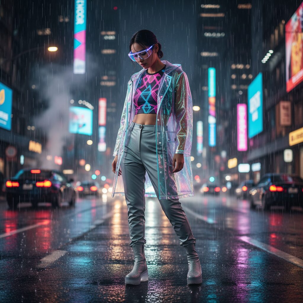 スマートグラスをかけ、ネオンカラーのクロップトップの上に玉虫色のクリアジャケットを羽織った女性。夜の都会のストリート背景。