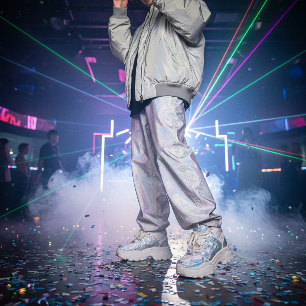 ダンスフロアにある厚底スニーカーのローアングルショット。床には紙吹雪、煙を切り裂くレーザービーム。