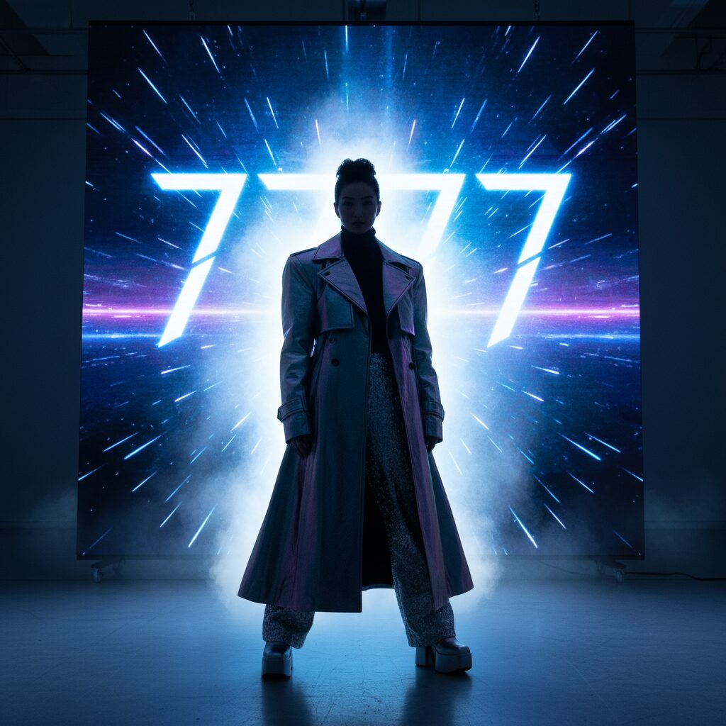「7777」という数字を表示した巨大LEDスクリーンの前に立つ女性のシルエット。光のオーラを纏った、神秘的かつモダンなファッション。