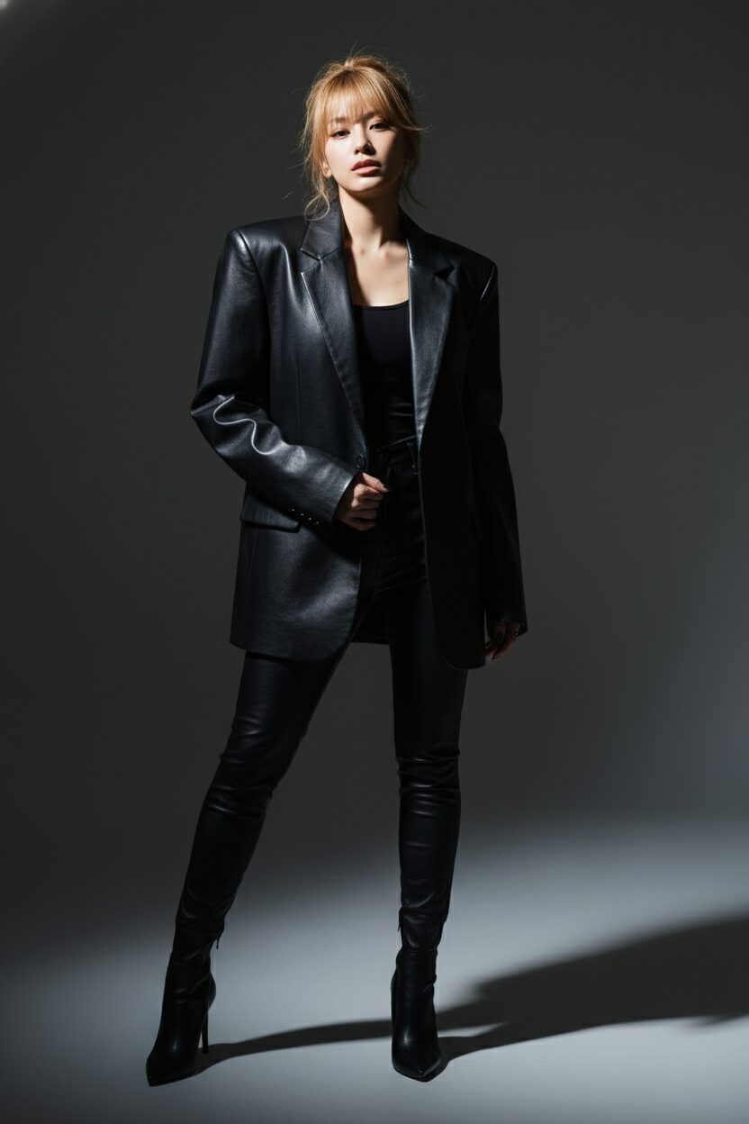 ミニマルなスタジオで、ドラマチックな照明を浴びてポーズをとる日本人モデル。彫刻的なラインが際立つ、黒レザーの特大パワーショルダージャケットに、タイトなレザーパンツとヒールブーツを合わせ、力強く自信に満ちた表情を見せている。