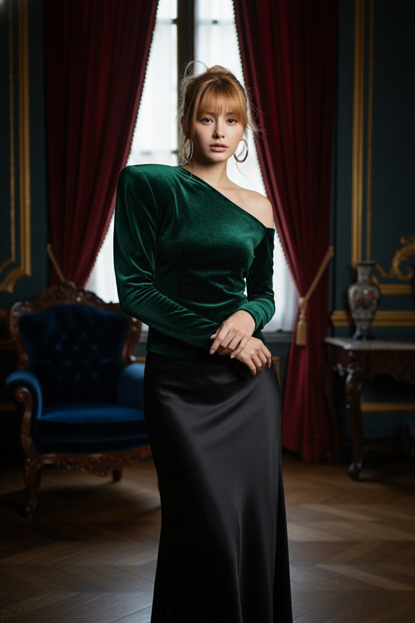 薄暗く豪華な部屋で、エメラルドグリーンのアシンメトリーなパワーショルダートップスを纏うモデル。片方の肩だけがドラマチックに誇張され、床まで届く黒いシルクスカートとの対比が美しい、芸術的でムーディーな一枚。