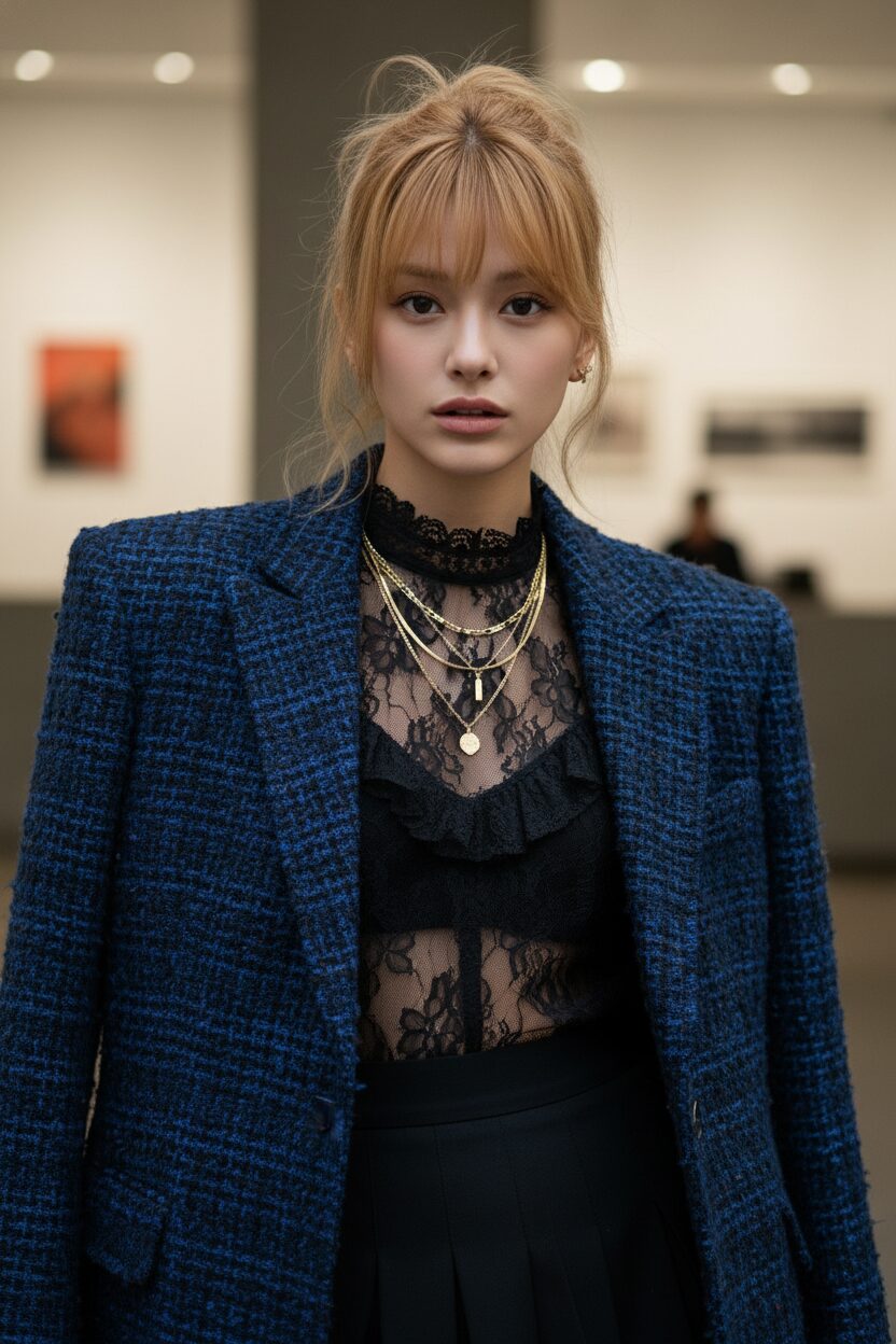 力強いショルダーラインを持つツイードのブレザーと、その下からのぞく繊細なレースブラウスの質感を対比させたクローズアップ写真。マスキュリンな素材とフェミニンな素材のコントラスト、そして重ね付けされたゴールドのネックレスが印象的。