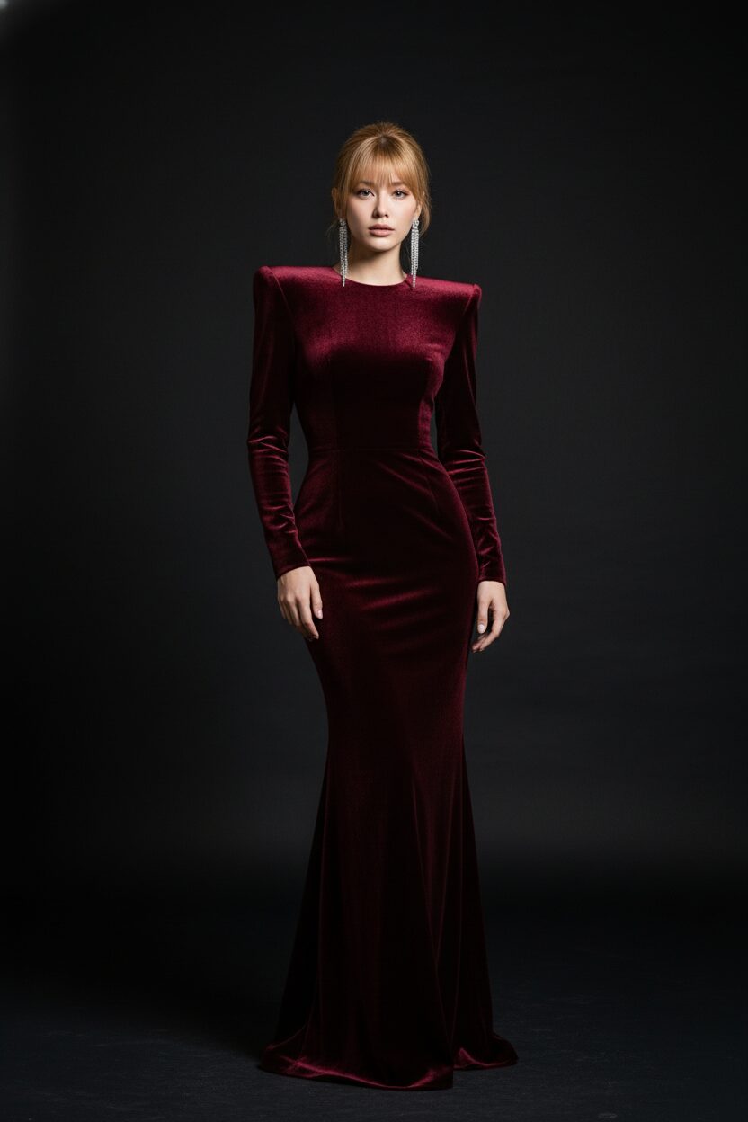 ミニマルな黒い背景の前に立つモデル。深いバーガンディ色のベルベット製ロングドレスは、彫刻のようなパワーショルダーが特徴で、未来的かつクラシックなシルエットを描き出している。揺れるダイヤモンドのイヤリングが光を捉え、洗練された力強さを感じさせる。