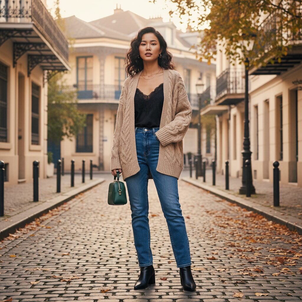 秋のヨーロッパの静かな街角で、ベージュのざっくりとしたニットカーディガンを羽織る40代の女性。インナーには黒のレースキャミソールを合わせ、ストレートデニムとアンクルブーツでまとめた、甘さと辛さのバランスが絶妙な休日のコーディネート。