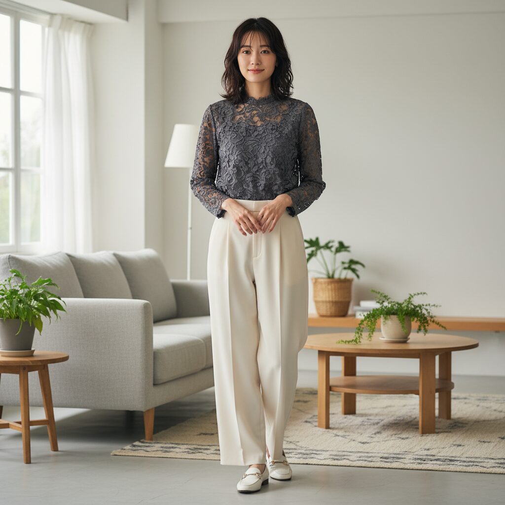 明るく風通しの良いスカンジナビア風のリビングで、チャコールグレーの美しい総レースブラウスを着こなす日本人女性。クリーム色のワイドパンツを合わせ、ブラウス一枚で主役になる華やかでエフォートレスなスタイルを表現している。