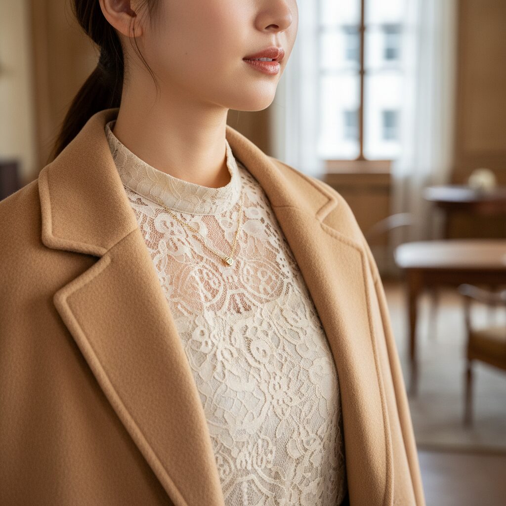 女性のデコルテに焦点を当てたクローズアップ写真。キャメル色のウールコートから、生成り色の繊細なスタンドカラーのレースブラウスが覗いている。鎖骨の上には華奢なゴールドチェーンのネックレスが輝き、レースのディテールを際立たせている。