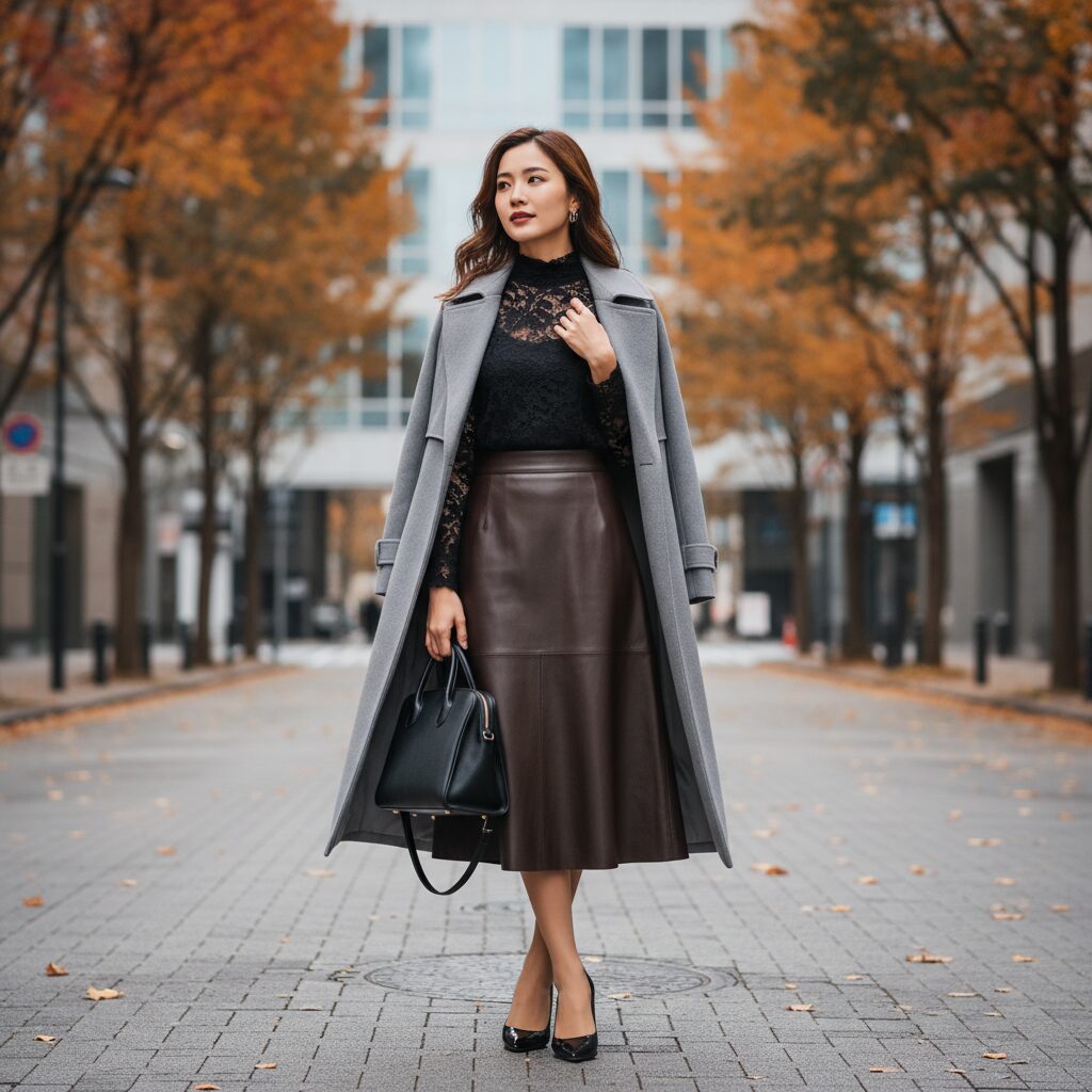 都会的な背景の中、黒のレースタートルネックにレザーのAラインスカートを合わせたアジア人女性の全身コーディネート。肩にはグレーのウールトレンチコートを羽織り、レースの甘さとレザーの辛さをミックスした、洗練された秋の装い。