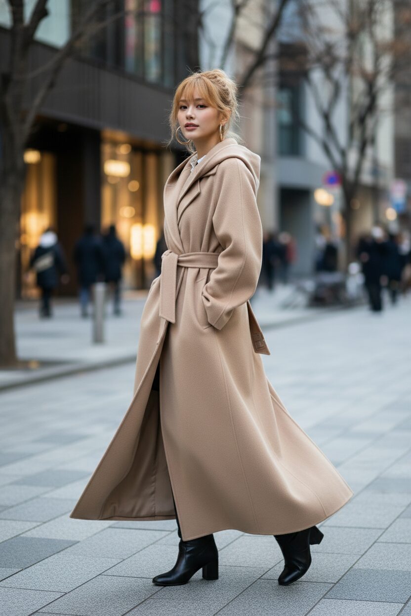 冬の東京の街角を歩くスタイリッシュな日本人女性。床すれすれの長さのベージュのウールマキシコートを着て、ウエストをベルトでマークし、レザーブーツを履いている。柔らかな自然光。