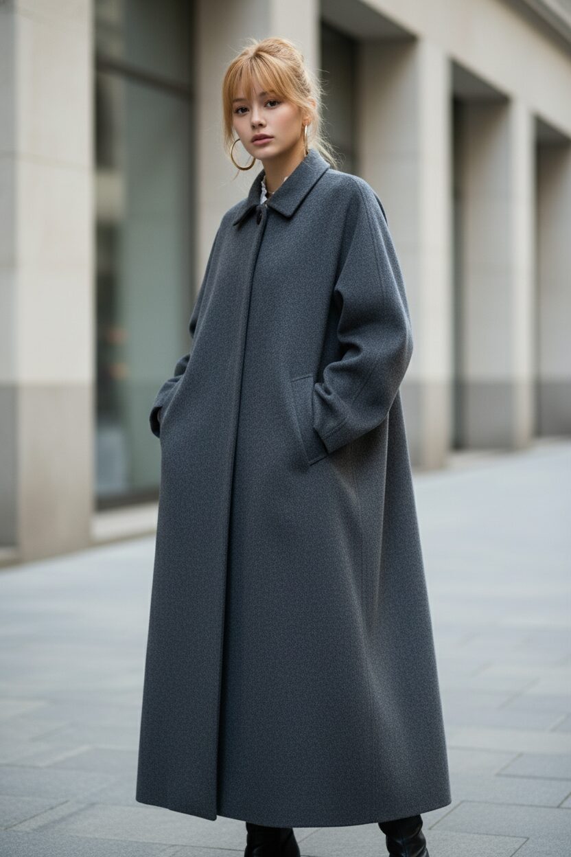 チャコールグレーのマキシコートの生地のアップ。高品質なウールカシミヤ混紡で、エレガントなドレープとボタンのディテールが見える。ミニマリストなスタイル。