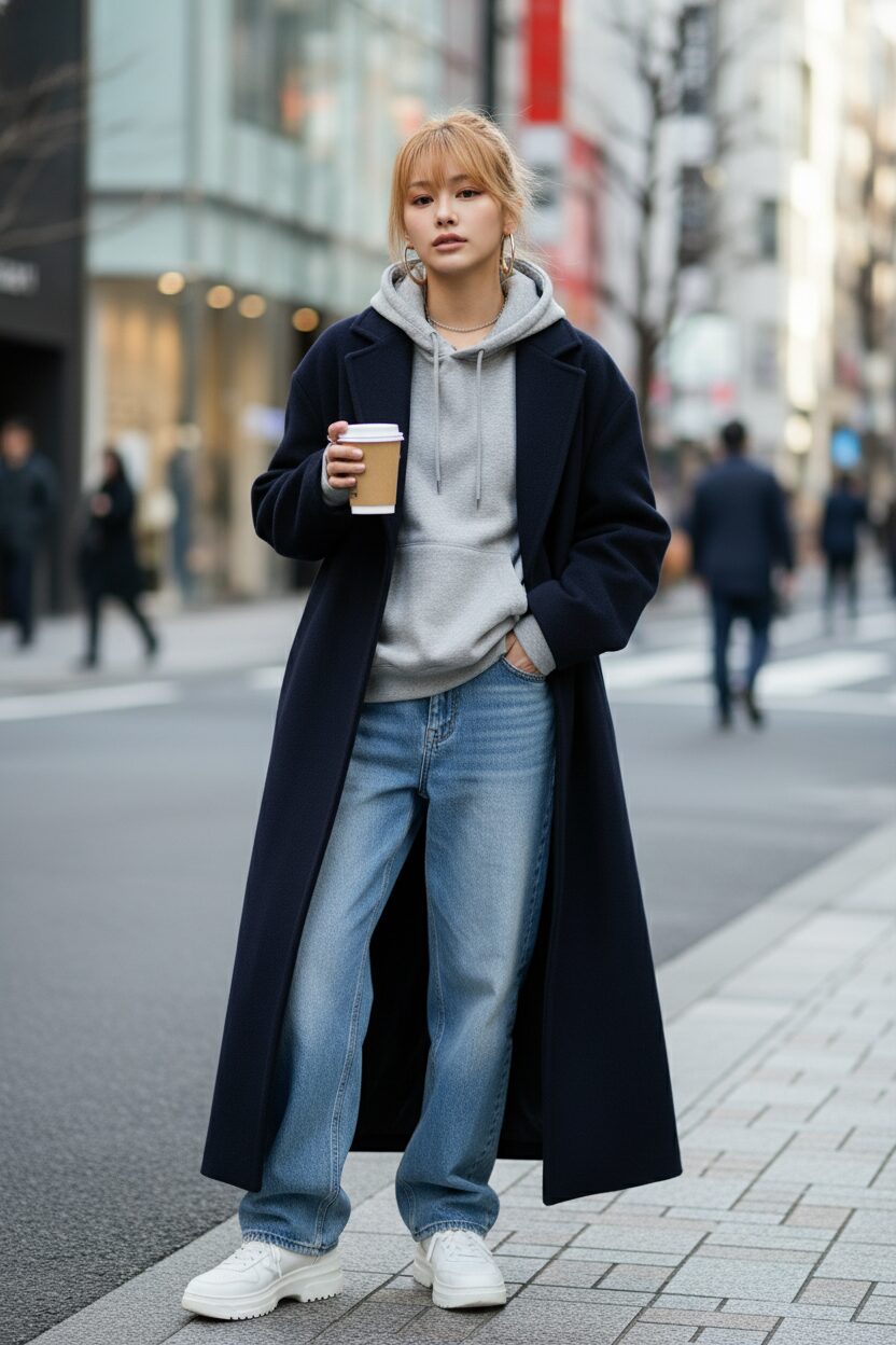 カジュアルシックな冬の装いの日本人女性。オーバーサイズのネイビーのマキシコートを、グレーのパーカーとルーズなデニムジーンズの上に羽織り、白いチャンキースニーカーを合わせている。コーヒーカップを持ち、都会的な背景。
