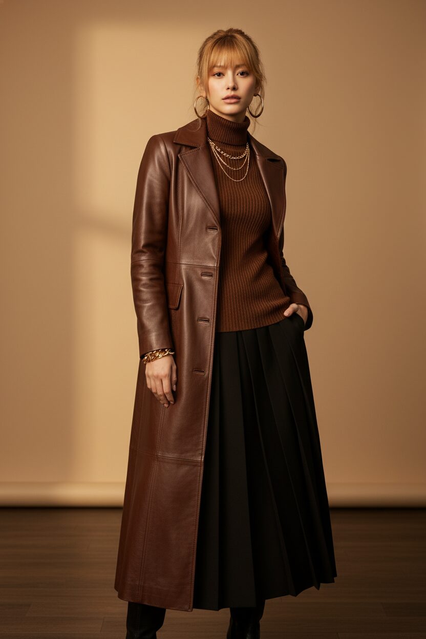 チョコレートブラウンのレザーマキシコートのスタジオショット。同色のタートルネックとゴールドのアクセサリーを合わせた洗練されたルック。温かみのある照明。
