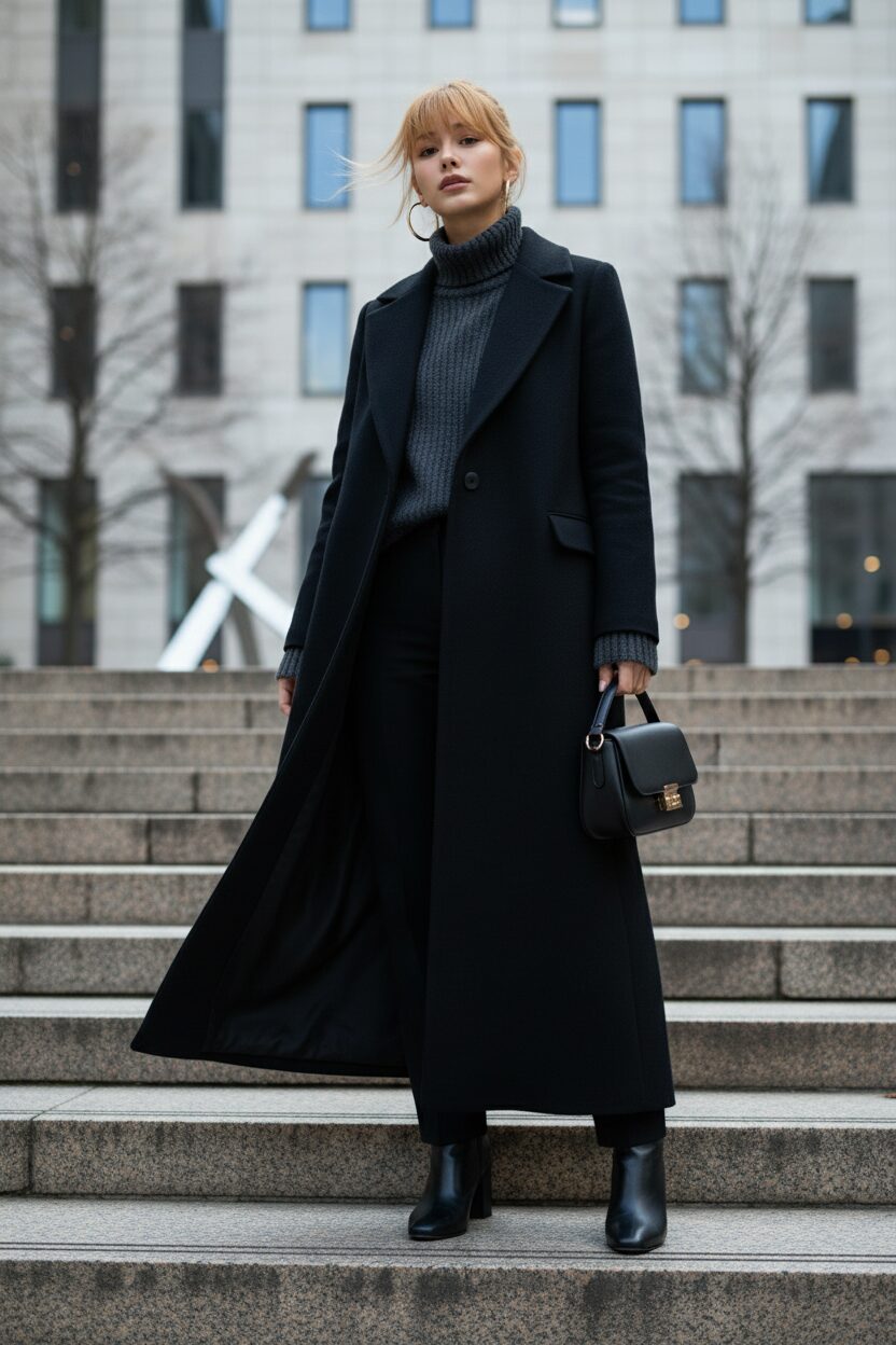 階段に立つ女性の黒いマキシコートの長さを強調したローアングルショット。ドラマティックなシルエットを作り出している。冬のファッションエディトリアルスタイル。