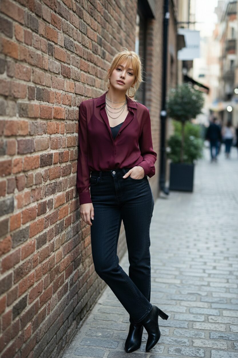 レンガの壁に寄りかかる、30代前半のおしゃれな女性のストリートスナップ。深いバーガンディ色のシアーな長袖ブラウスのボタンを開け、下に合わせた上品な黒のサテンキャミソールを見せている。ダークウォッシュのストレートジーンズと黒のアンクルブーツでまとめた、エフォートレスでクールな秋のスタイル。