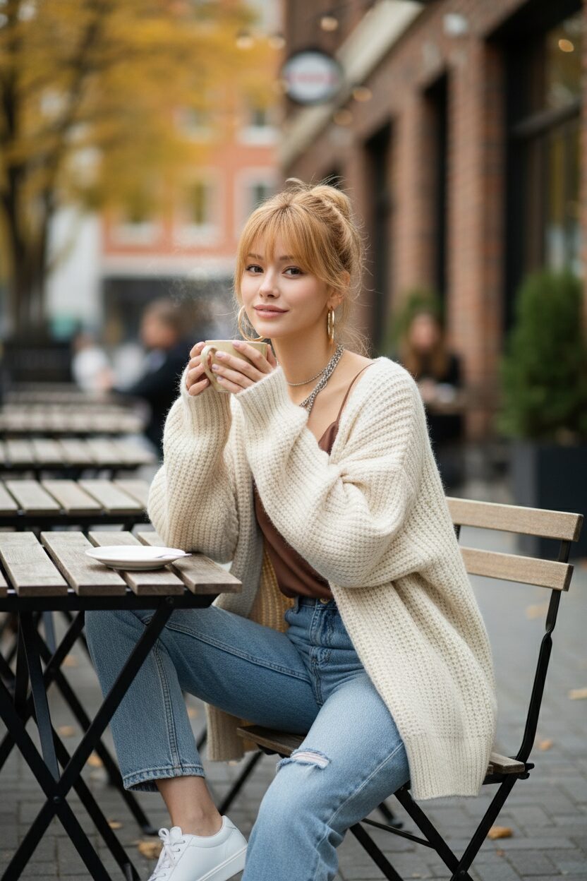 カフェのテラス席でマグカップを手にリラックスする女性。クリーム色のゆったりとしたロングカーディガンの下には、チョコレートブラウンのシルクキャミソールを合わせている。素材感のコントラストが際立つ、暖かくリラックスした雰囲気の秋のレイヤードスタイル。
