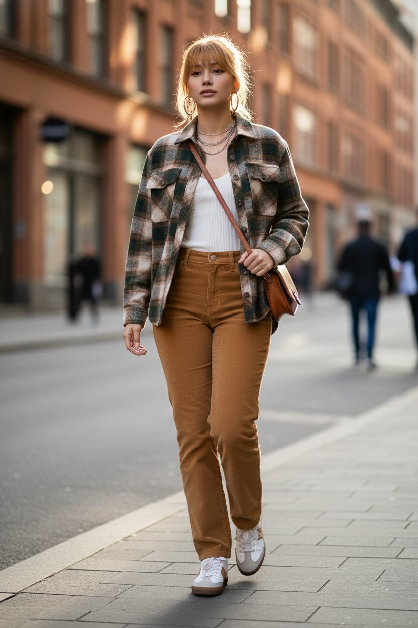 夕暮れの光の中を歩く女性。アースカラーのクラシックなチェック柄フランネルシャツをジャケットのように羽織り、中には白いリブニットのキャミソールを着ている。キャメル色のコーデュロイパンツとスニーカーを合わせた、暖かみのあるカジュアルな秋のストリートスタイル。