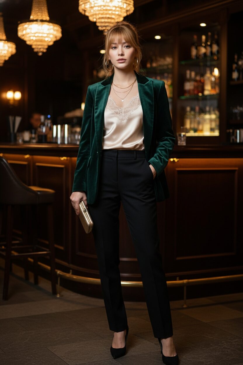 夜のお出かけを楽しむ、エレガントな装いの女性。深緑のベルベットブレザーから、シャンパンカラーのレース付きキャミソールが覗いている。黒のテーラードパンツとヒールを合わせ、薄暗いバーの洗練された雰囲気の中で、ひときわグラマラスに映るコーディネート。