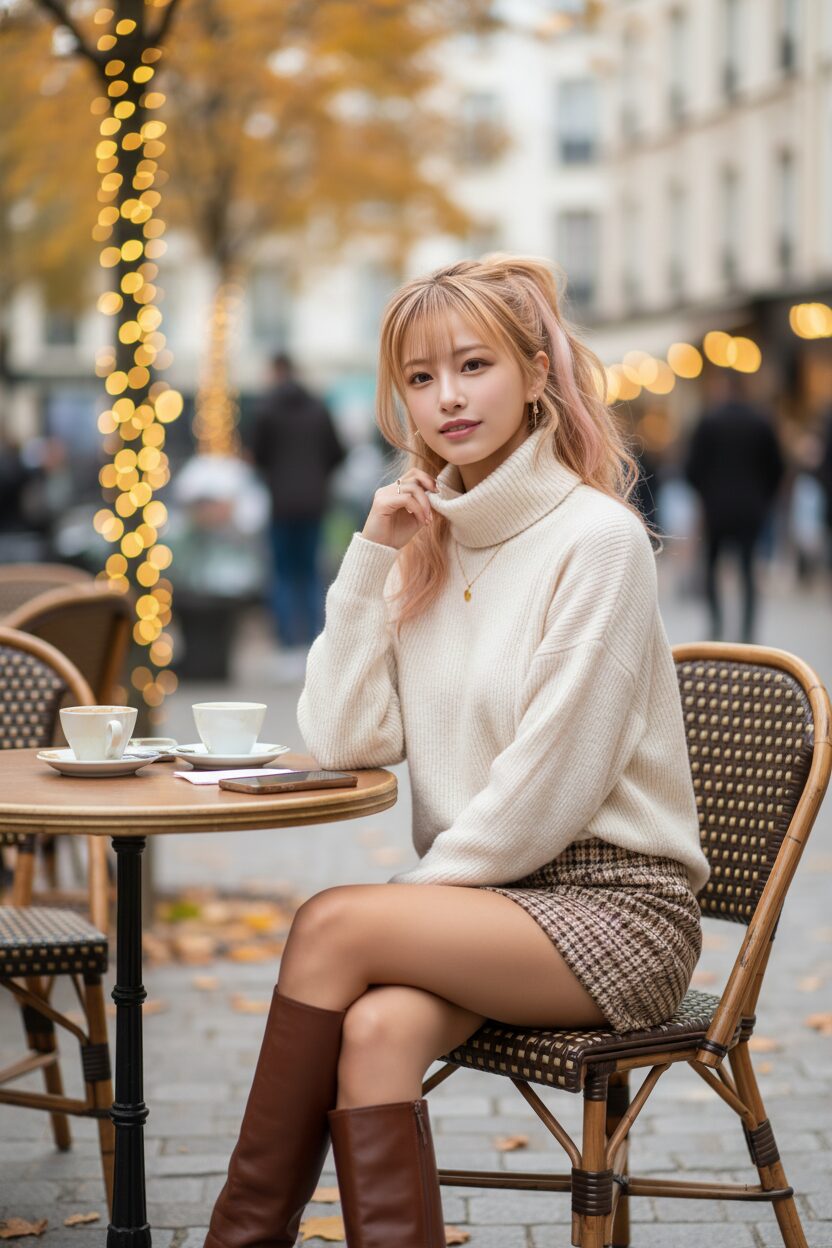 秋のカフェのテラス席で、クリーム色のタートルネックセーターと茶系のチェック柄ミニスカート、ブラウンのニーハイブーツを合わせた20代半ばの日本人女性。暖かみのある秋色の背景がおしゃれな、プロのストリートスナップ風の一枚。