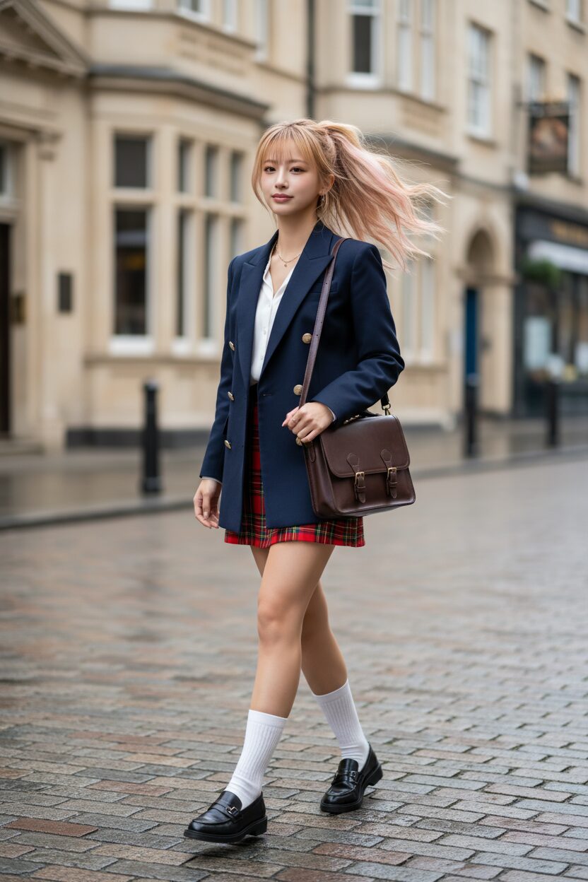 ヨーロッパの石畳の通りを歩く、20代後半のアジア人女性の全身写真。ネイビーのブレザー、白ブラウスに赤と緑のタータンチェックのミニスカートを合わせ、黒のローファーと革のサッチルバッグを持ったトラッドなスタイリング。