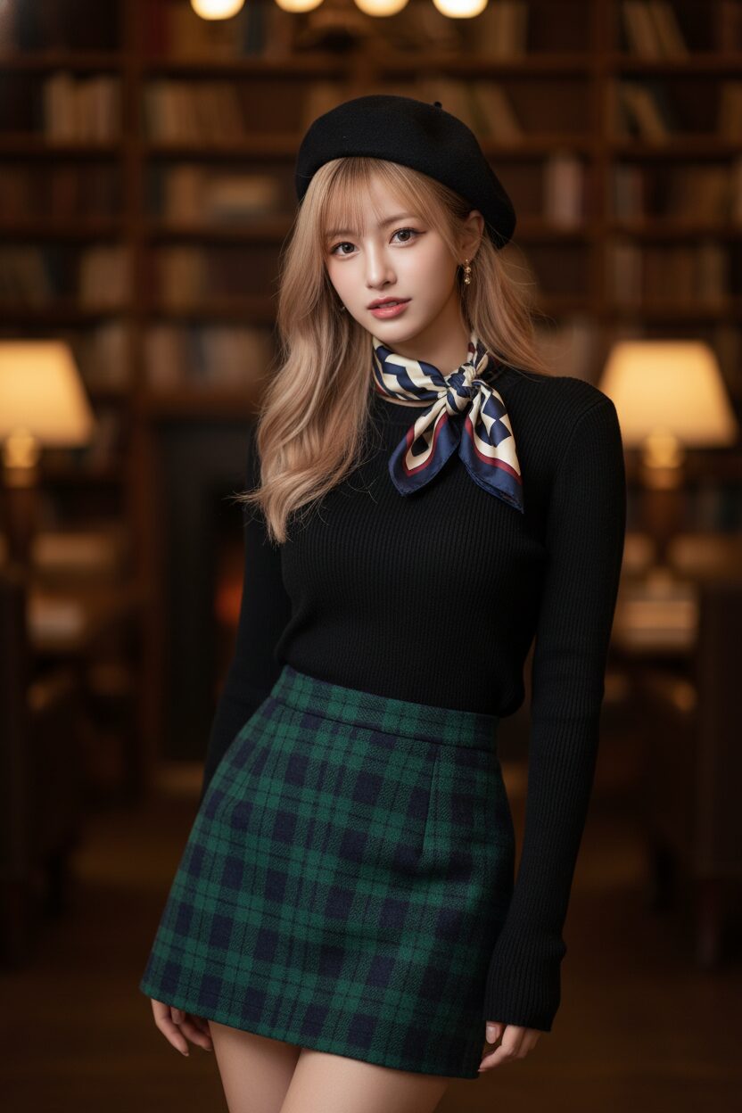 緑と紺のウールチェックミニスカートに黒のハイネックニットを合わせ、黒いベレー帽と首に巻いたシルクスカーフがアクセントになっている女性のコーディネートのクローズアップ。背景は暖色系の照明が灯る、居心地の良い図書館。