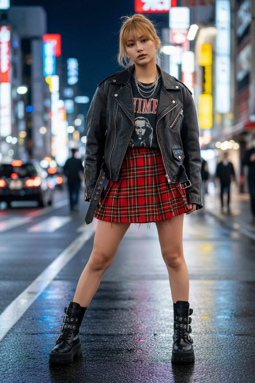 東京・渋谷の夜、ネオンを背景に、赤と黒のチェック柄マイクロミニスカートとヴィンテージ風のオーバーサイズ黒レザージャケットを合わせた20代前半の日本人女性。ダメージ加工のバンドTシャツに、ごつめの厚底コンバットブーツを履き、クールなストリートスタイルを披露している。