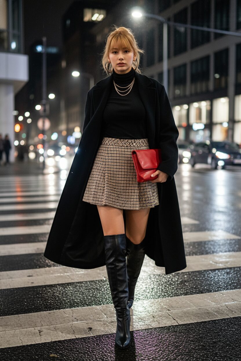 夜の横断歩道を颯爽と歩く女性の全身ショット。ベージュとブラウンの千鳥格子柄マイクロミニスカートに黒のタートルネック、そして流れるような黒のロングウールコートを羽織っている。黒のニーハイレザーブーツと、鮮やかな赤いクラッチバッグがコーディネートのアクセントになっている。