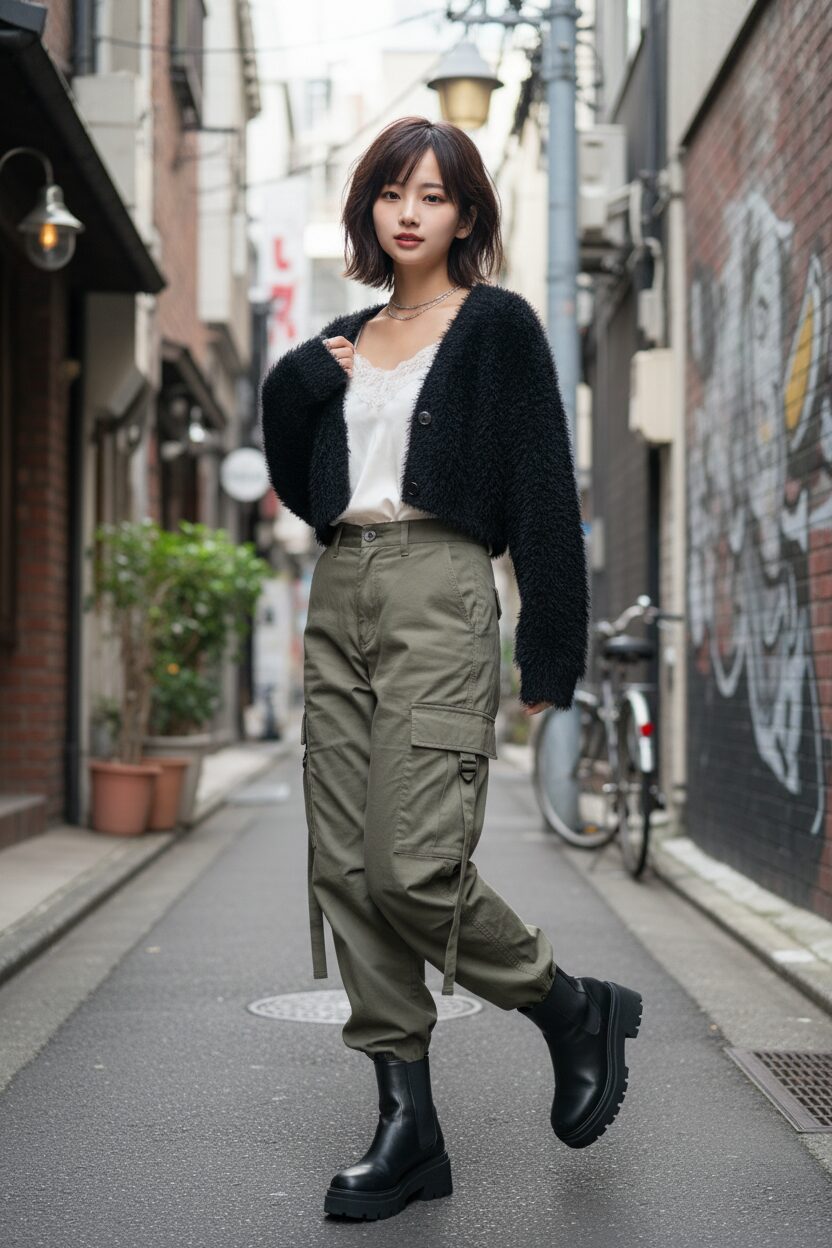 東京のおしゃれな路地裏でポーズをとる、20代前半の日本人女性。ふわふわした黒のミニ丈カーディガンを前開きで着こなし、レースの縁取りがある白いキャミソールを覗かせている。ボトムスはオリーブグリーンのローライズカーゴパンツに、黒の厚底ブーツを合わせた甘辛MIXスタイル。