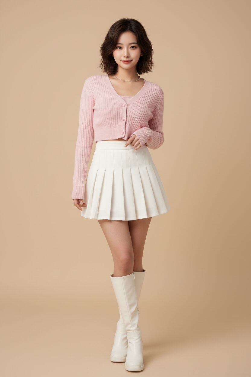 ベージュのシンプルな背景で撮影された、アジア人女性のファッションポートレート。パステルピンクのリブニット素材のミニ丈カーディガンのボタンを一つだけ留め、お揃いのブラトップをちらりと見せている。ハイウエストの白いプリーツミニスカートと、白のニーハイブーツを合わせた、クリーンでフェミニンなY2Kスタイル。